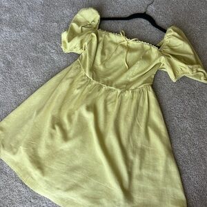 Camila Coelho Yellow / Green Linen Puff Sleeve Dress